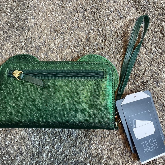 Disney Minnie Mouse Wristlet Dark Green Sparkle Velvet Bow Tech Pocket NWT - Picture 2 of 4